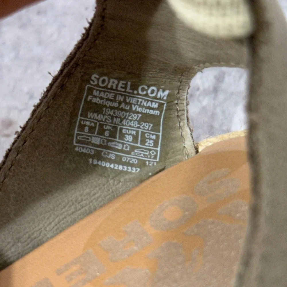 Sorel Ella II Sandal Womens 8 Khaki II Crisscross Elastic Strap Suede Espadrille